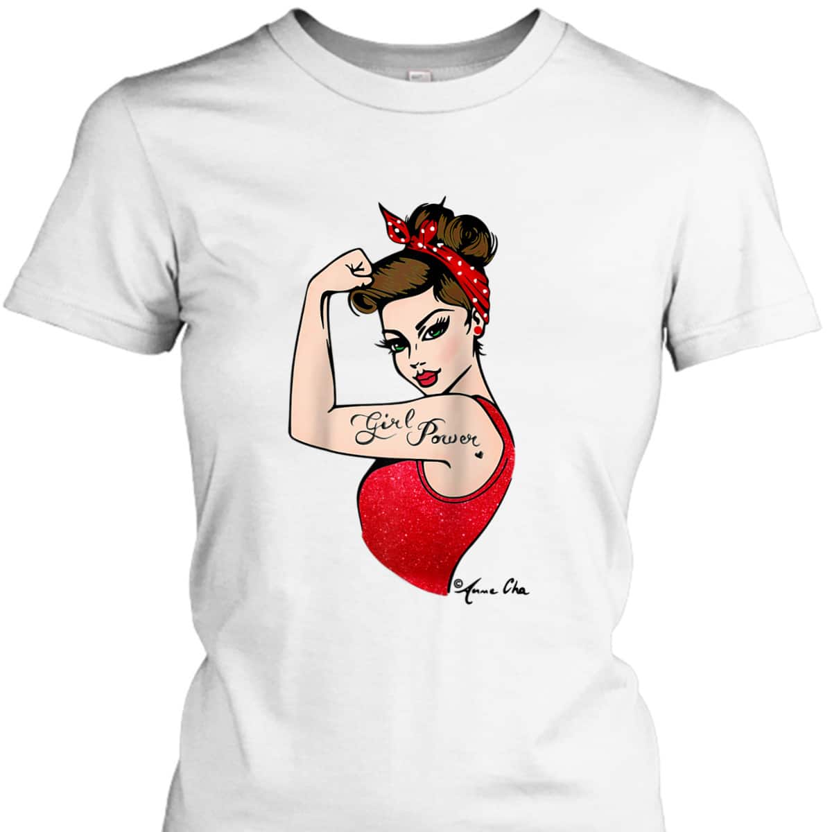 Red Girl Power Art By Anne Cha Pinup Inked Feminist Vintage T-Shirt