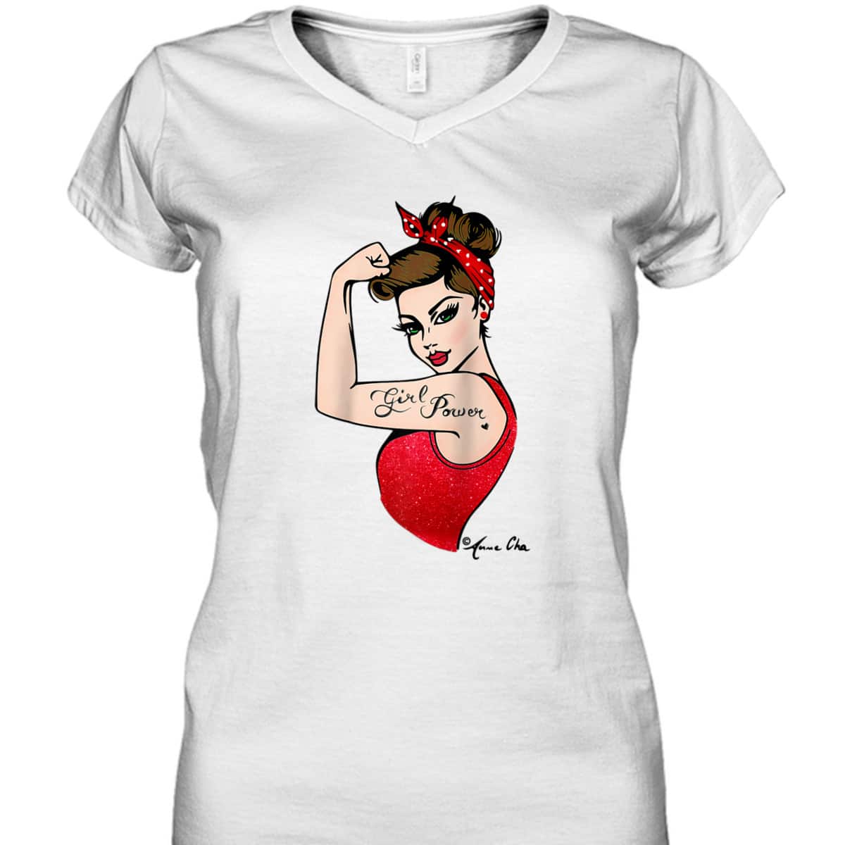 Red Girl Power Art By Anne Cha Pinup Inked Feminist Vintage T-Shirt
