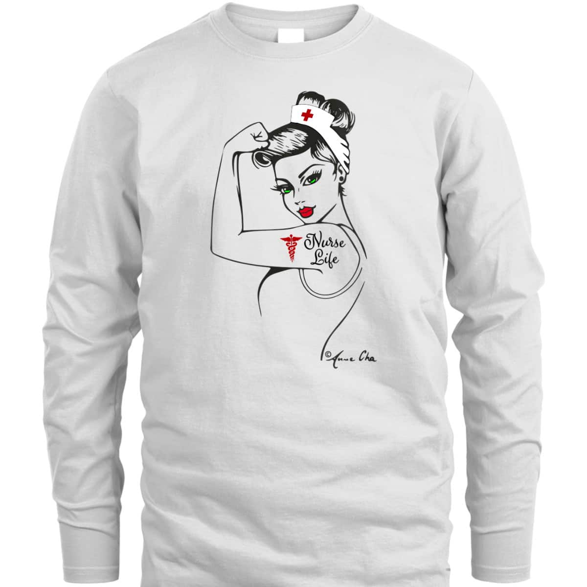 Womens Nurse Life Girl Power Modern Rosie The Riveter Medical Retro T-Shirt