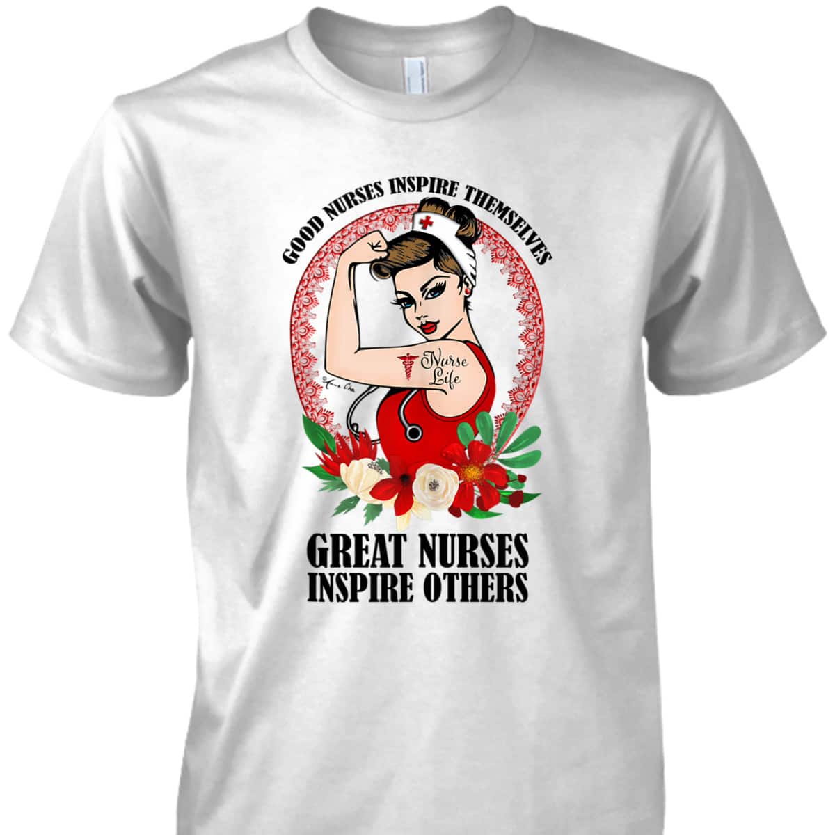 Nurse Life Girl Power Pin Up Rosie The Riveter Modern Art T-Shirt