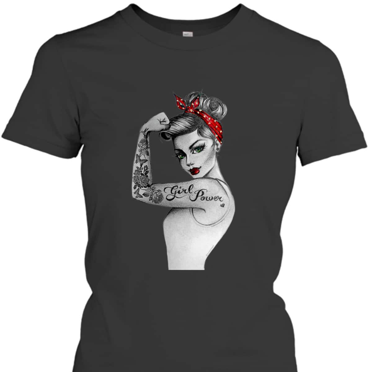 Womens Girl Power Pin Up Arm Sleeve Tattoo Ink Retro Vintage Rosie T-Shirt