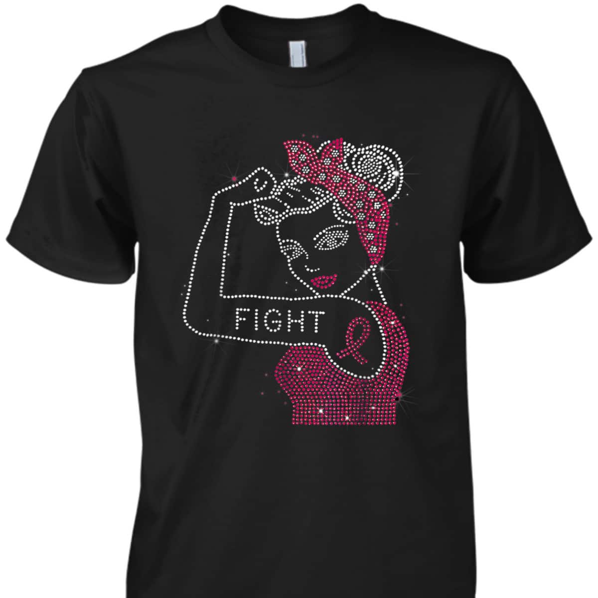 Fight Rosie The Riveter Rhinestone Breast Cancer Awareness T-Shirt