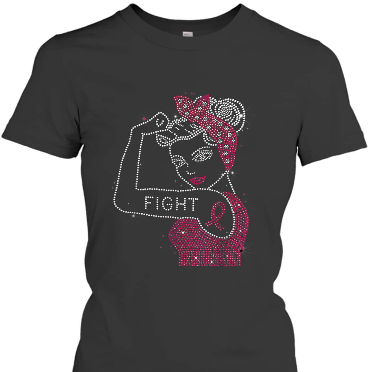 Fight Rosie The Riveter Rhinestone Breast Cancer Awareness T-Shirt