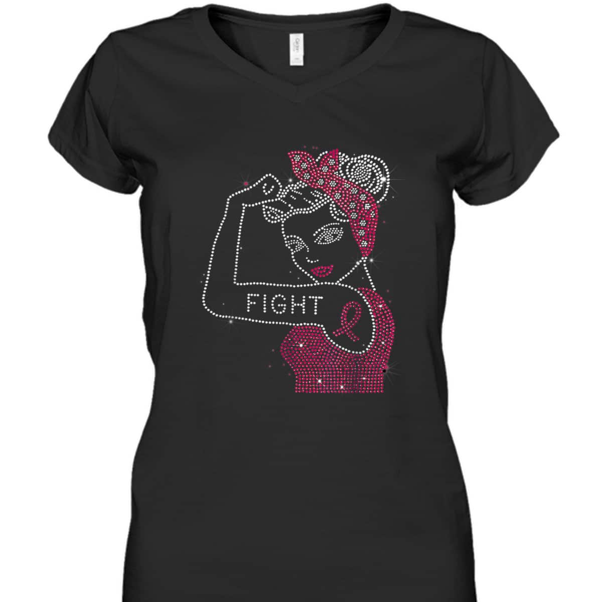 Fight Rosie The Riveter Rhinestone Breast Cancer Awareness T-Shirt