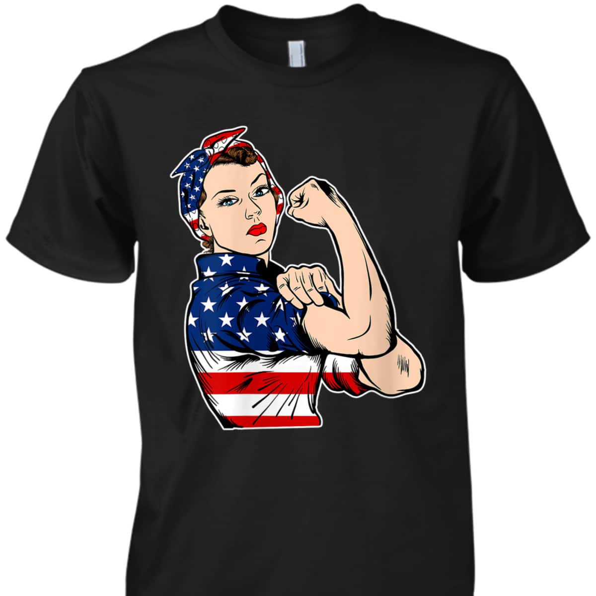 Womens Rosie The Riveter Bandana Feminist USA Flag 4th Of July T-Shirt