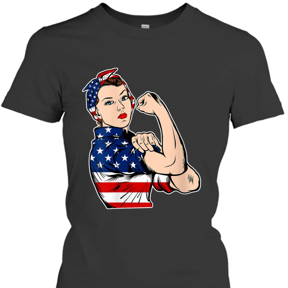 Womens Rosie The Riveter Bandana Feminist USA Flag 4th Of July T-Shirt