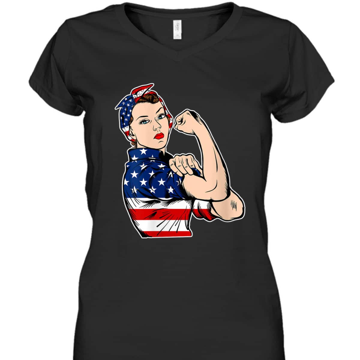 Womens Rosie The Riveter Bandana Feminist USA Flag 4th Of July T-Shirt