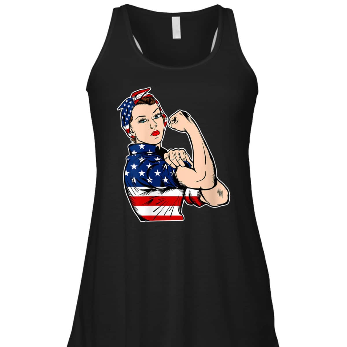 Womens Rosie The Riveter Bandana Feminist USA Flag 4th Of July T-Shirt