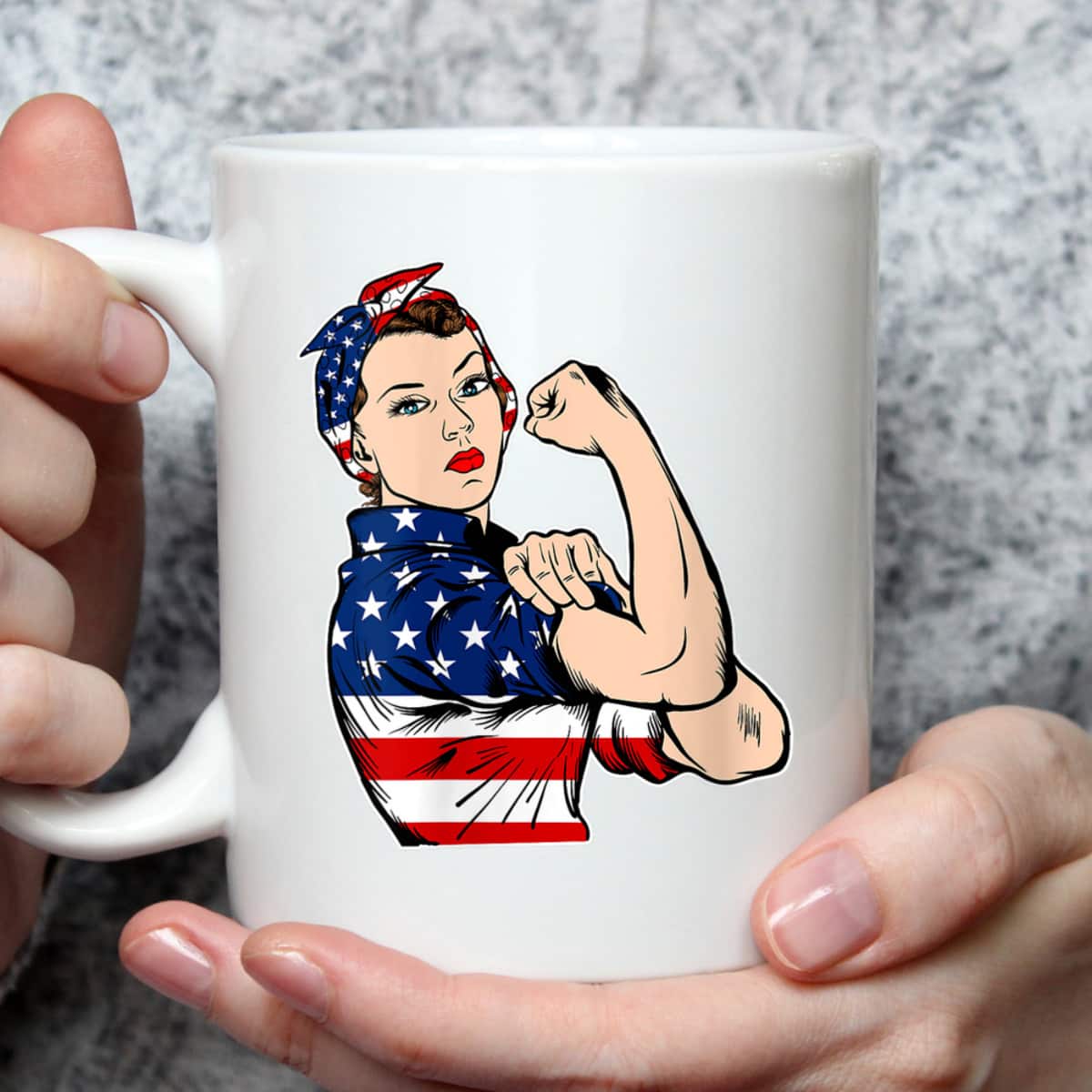 Womens Rosie The Riveter Bandana Feminist USA Flag 4th Of July T-Shirt