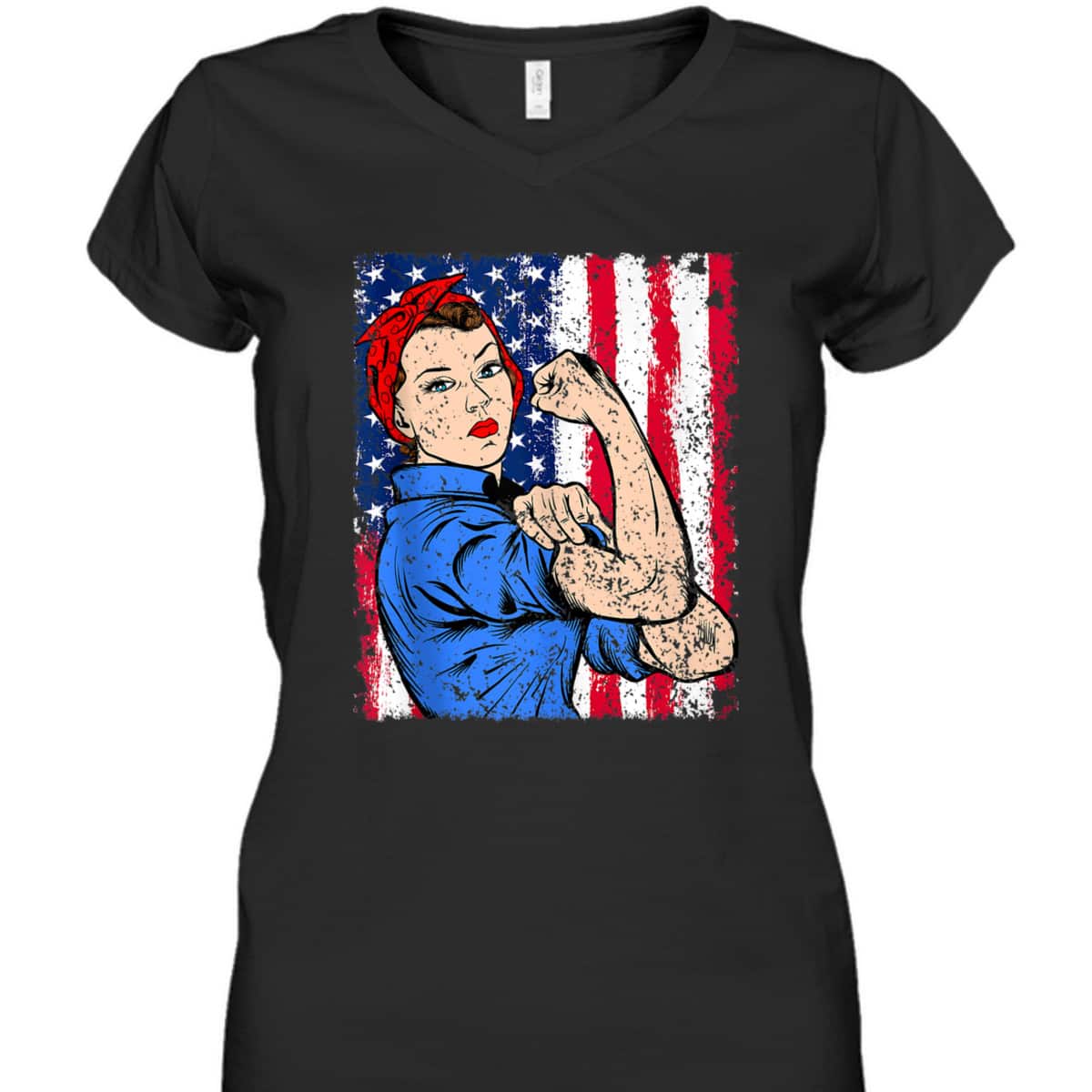 Rosie The Riveter Feminist Patriotic USA Flag 4th Of July T-Shirt