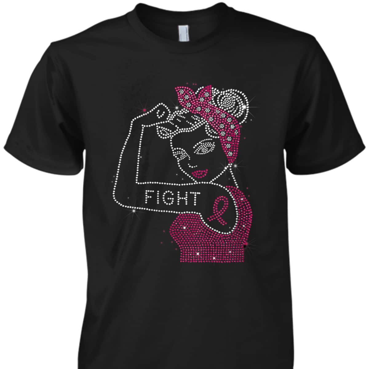 Womens Fight Rosie The Riveter Rhinestone Breast Cancer Awareness T-Shirt