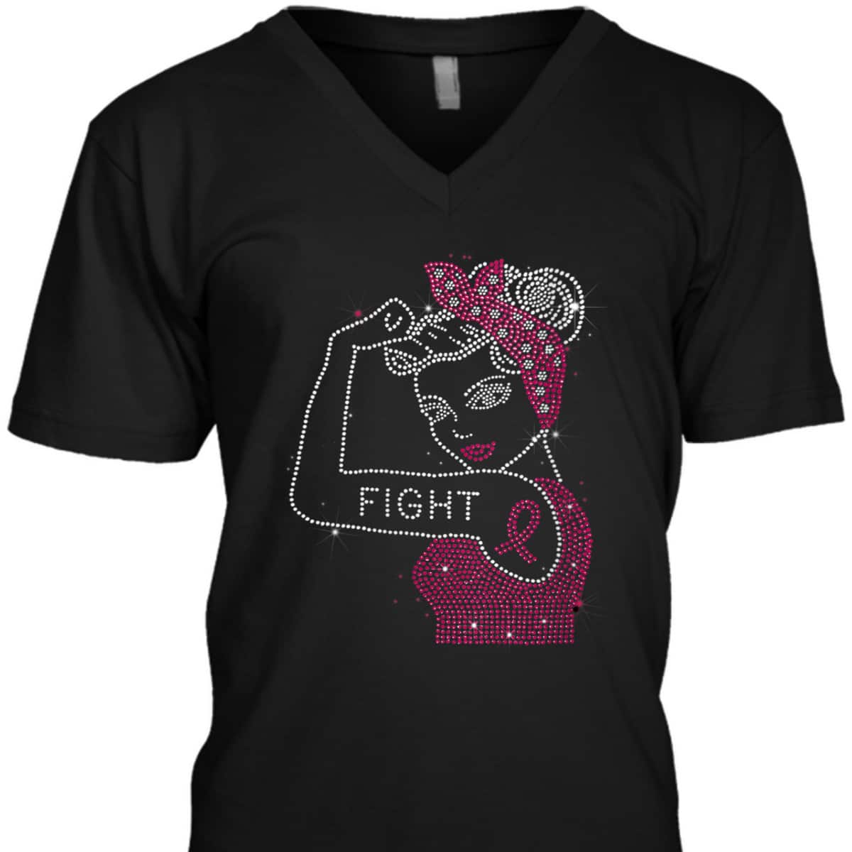 Womens Fight Rosie The Riveter Rhinestone Breast Cancer Awareness T-Shirt