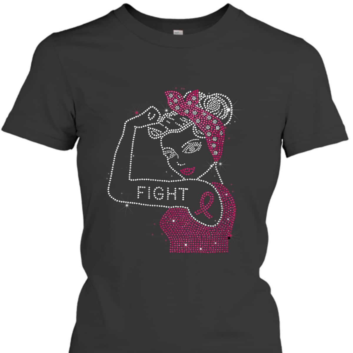Womens Fight Rosie The Riveter Rhinestone Breast Cancer Awareness T-Shirt