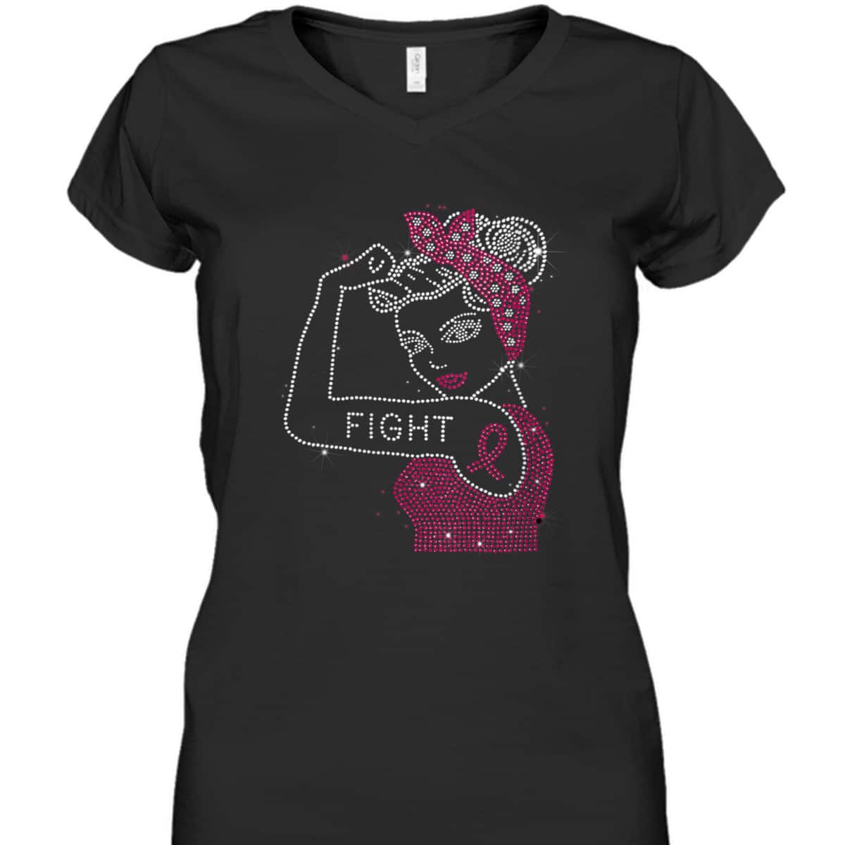 Womens Fight Rosie The Riveter Rhinestone Breast Cancer Awareness T-Shirt
