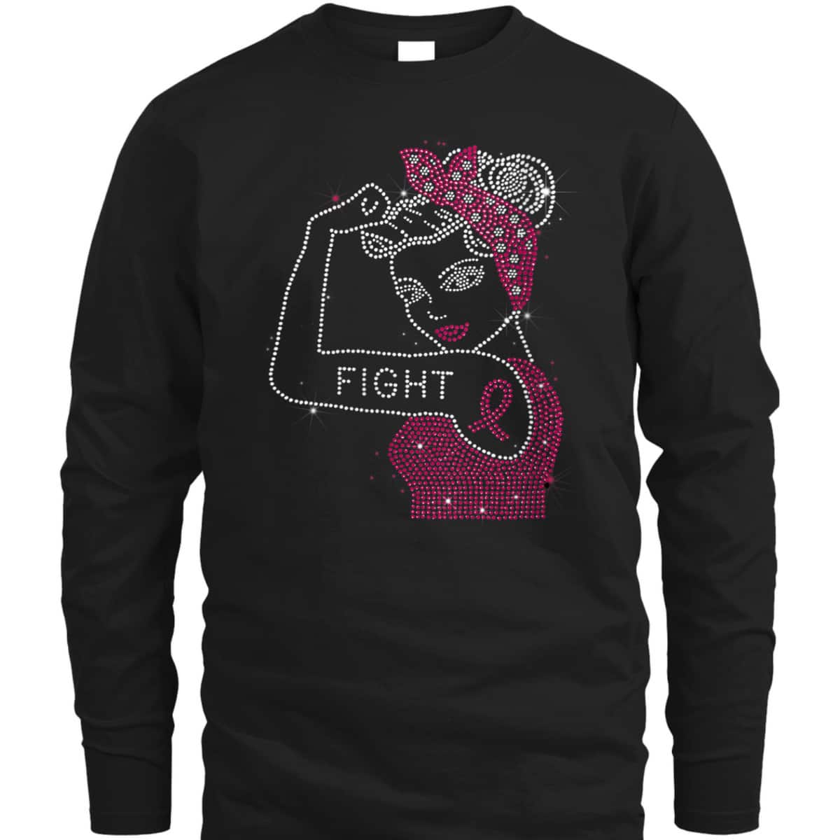 Womens Fight Rosie The Riveter Rhinestone Breast Cancer Awareness T-Shirt Womens Fight Rosie The Riveter Rhinestone Breast Cancer Awareness T-Shirt