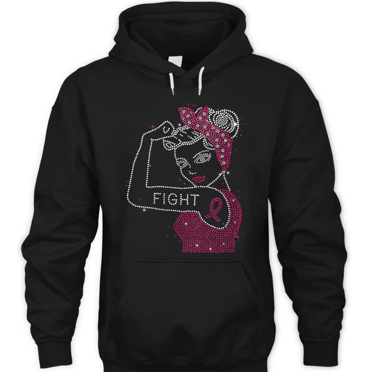 Womens Fight Rosie The Riveter Rhinestone Breast Cancer Awareness T-Shirt