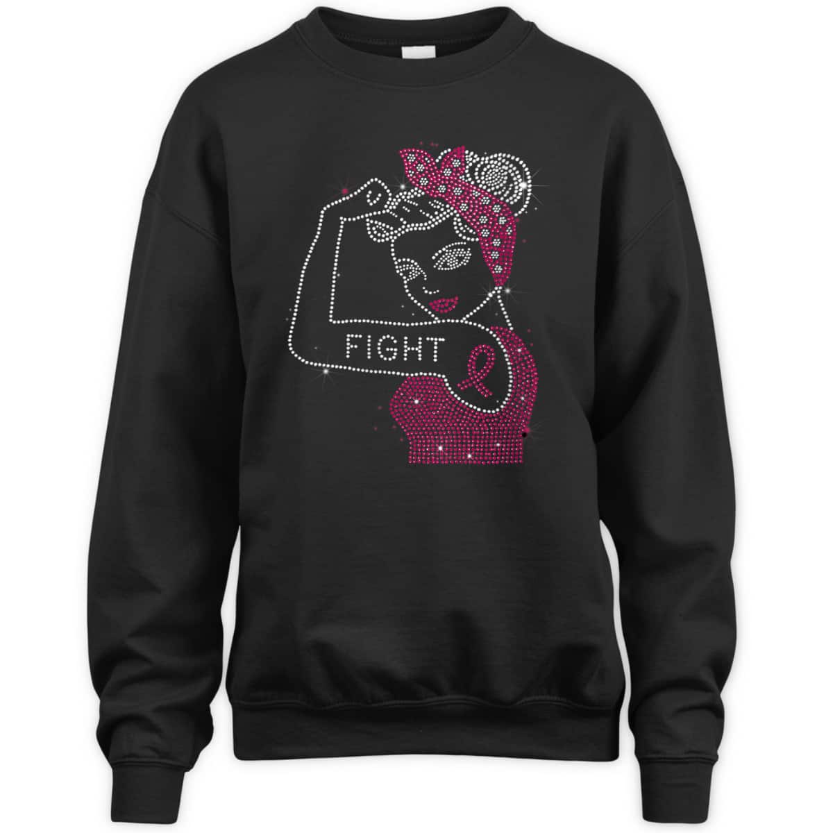 Womens Fight Rosie The Riveter Rhinestone Breast Cancer Awareness T-Shirt