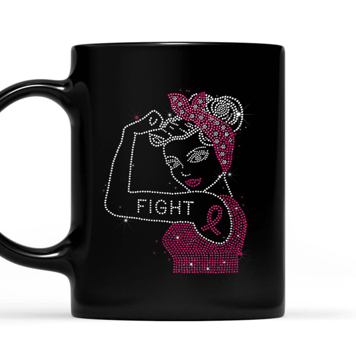 Womens Fight Rosie The Riveter Rhinestone Breast Cancer Awareness T-Shirt