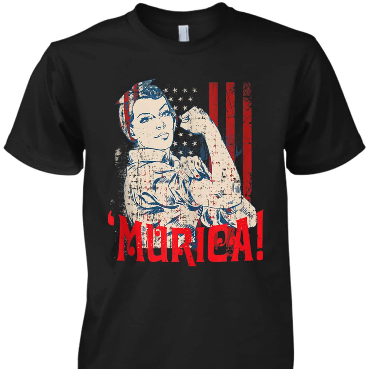 Murica Murica American Flag Distressed Rosie The Riveter T-Shirt