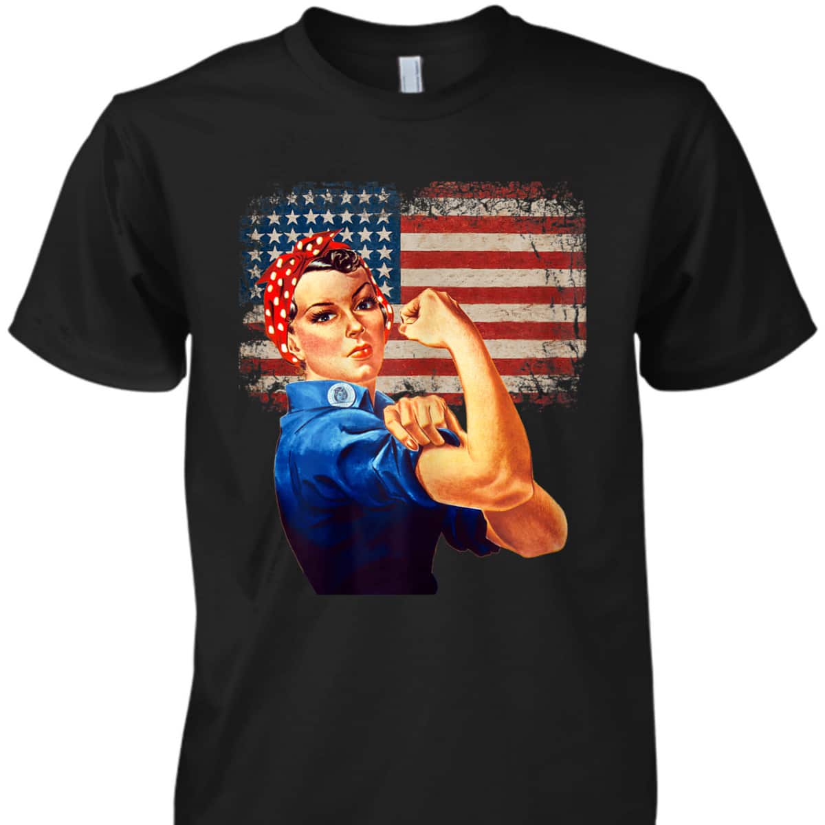 Womens Rosie The Riveter American Flag US Flag T-Shirt