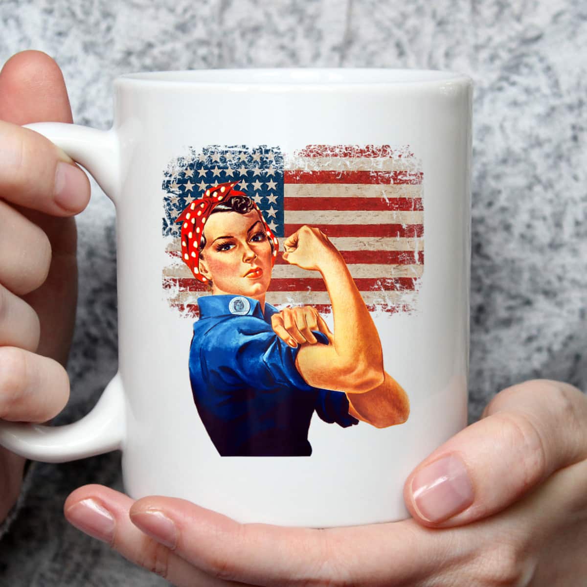 Womens Rosie The Riveter American Flag US Flag T-Shirt
