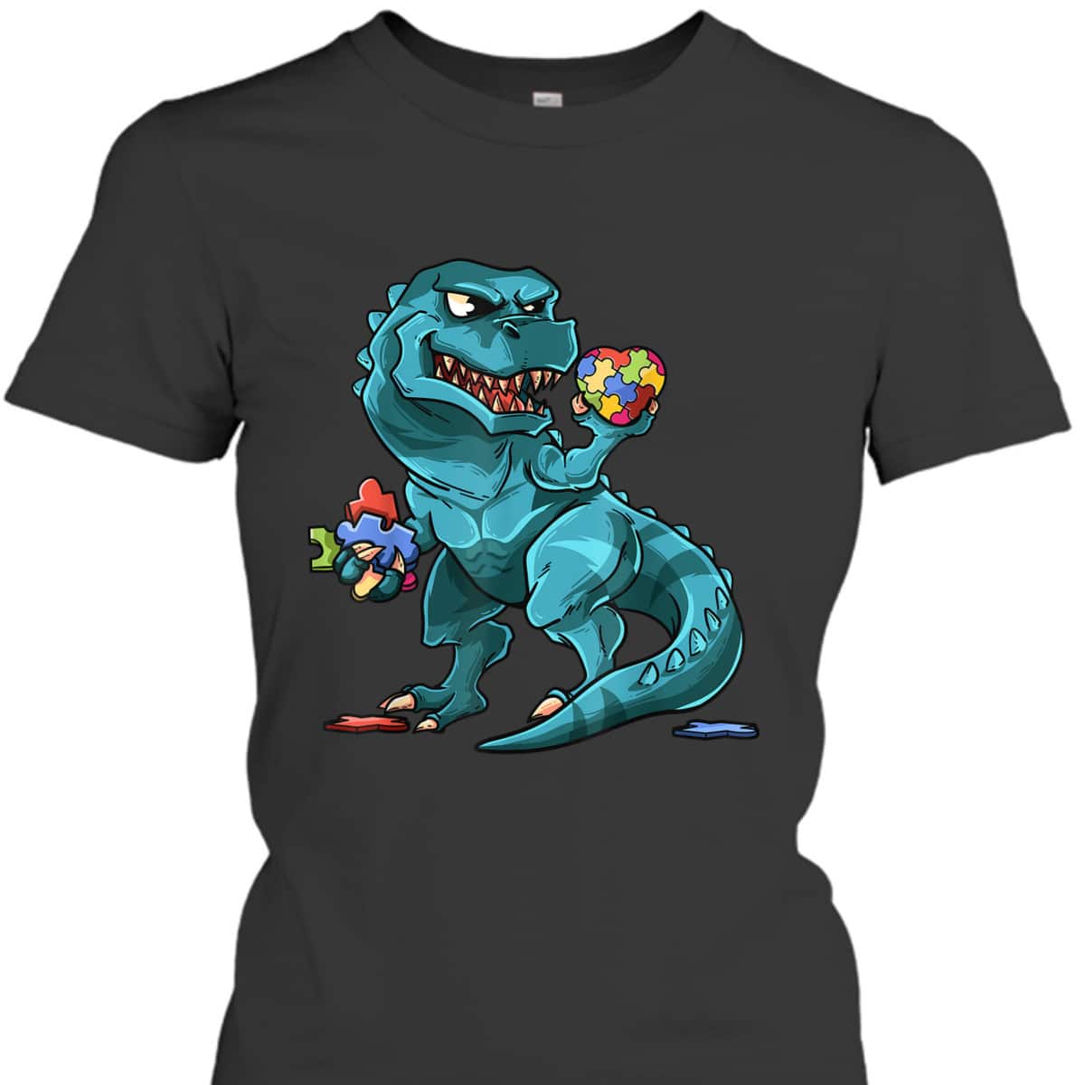 Autism Awareness Dinosaur T-Rex Heart Puzzle Pieces T-Shirt