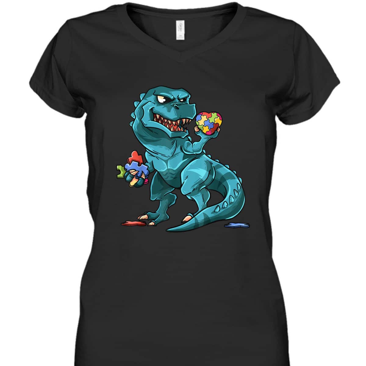 Autism Awareness Dinosaur T-Rex Heart Puzzle Pieces T-Shirt
