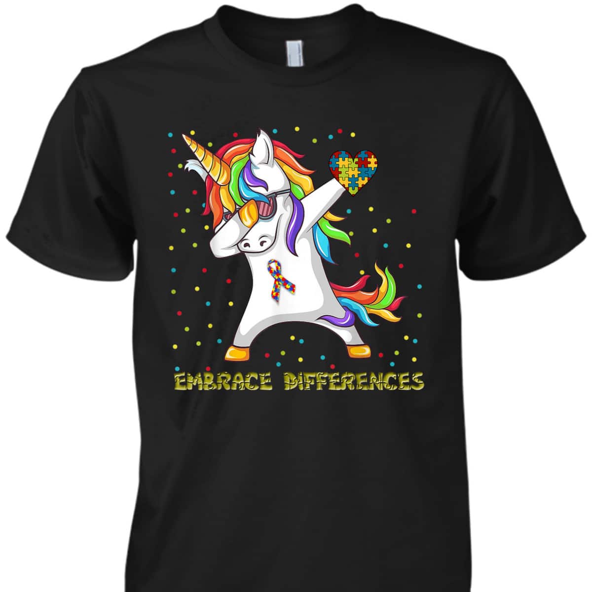 Embrace Differences Unicorn Dabbing Puzzle Autism Awareness T-Shirt