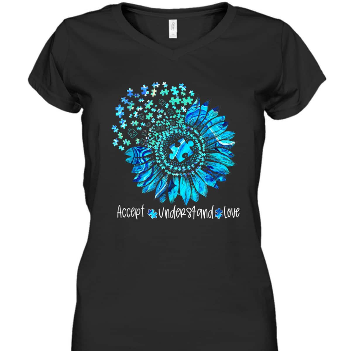 Autism Awareness Month Mindfulness Blue Puzzle Sunflower T-Shirt