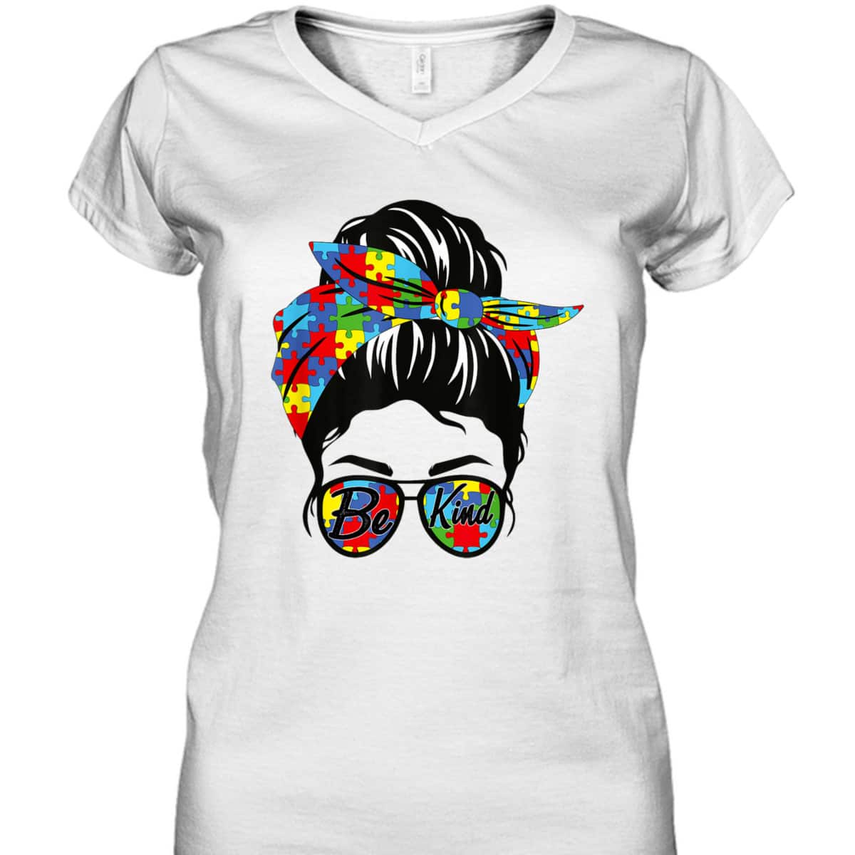 Be Kind Autism Awareness Women Messy Bun T-Shirt