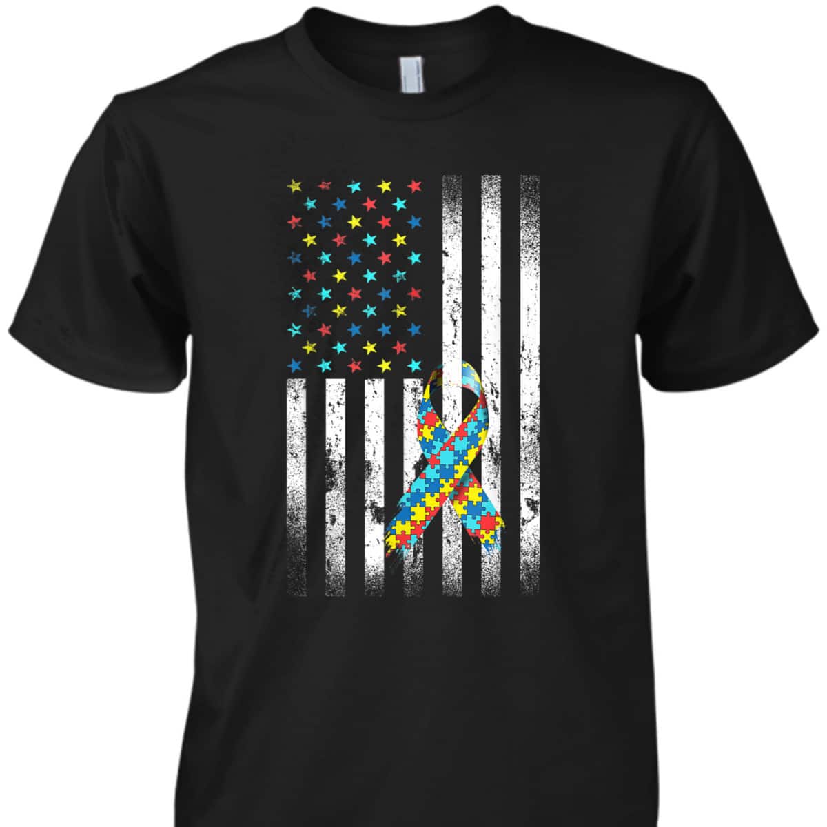 Autism Awareness Distressed American Flag Puzzle Ribbon T-Shirt Autism Awareness Distressed American Flag Puzzle Ribbon T-Shirt