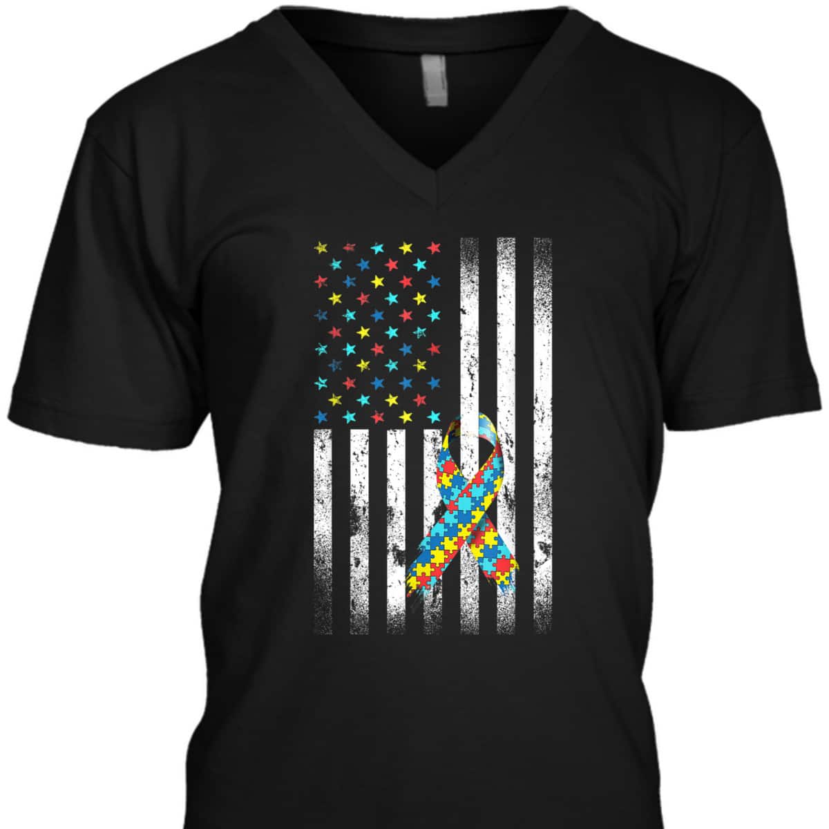 Autism Awareness Distressed American Flag Puzzle Ribbon T-Shirt