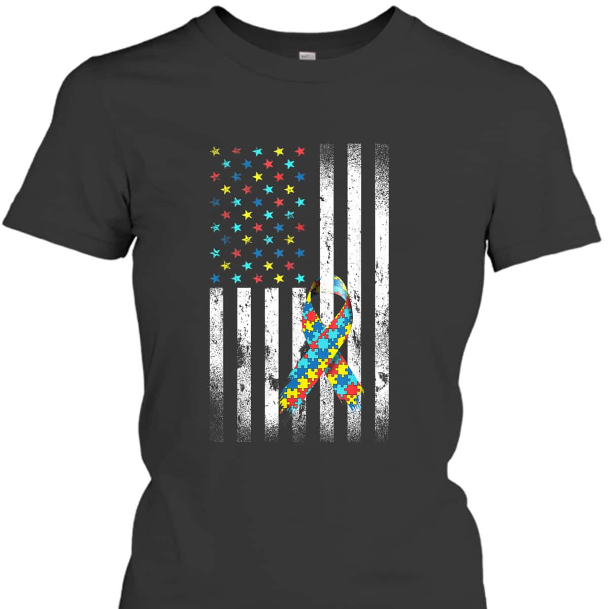 Autism Awareness Distressed American Flag Puzzle Ribbon T-Shirt Autism Awareness Distressed American Flag Puzzle Ribbon T-Shirt