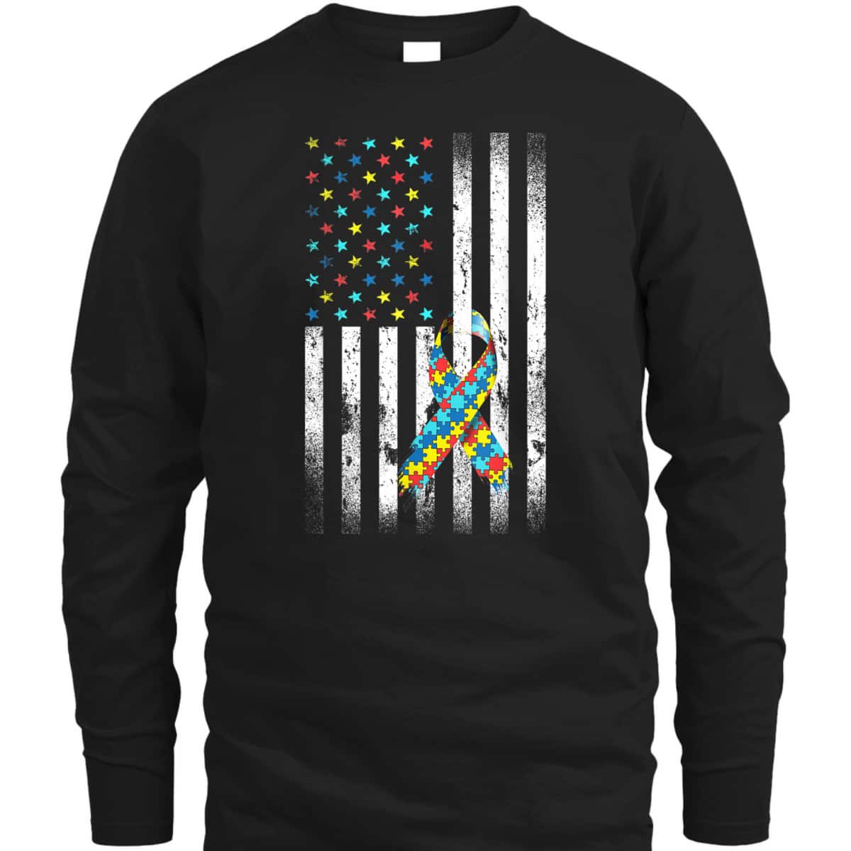 Autism Awareness Distressed American Flag Puzzle Ribbon T-Shirt