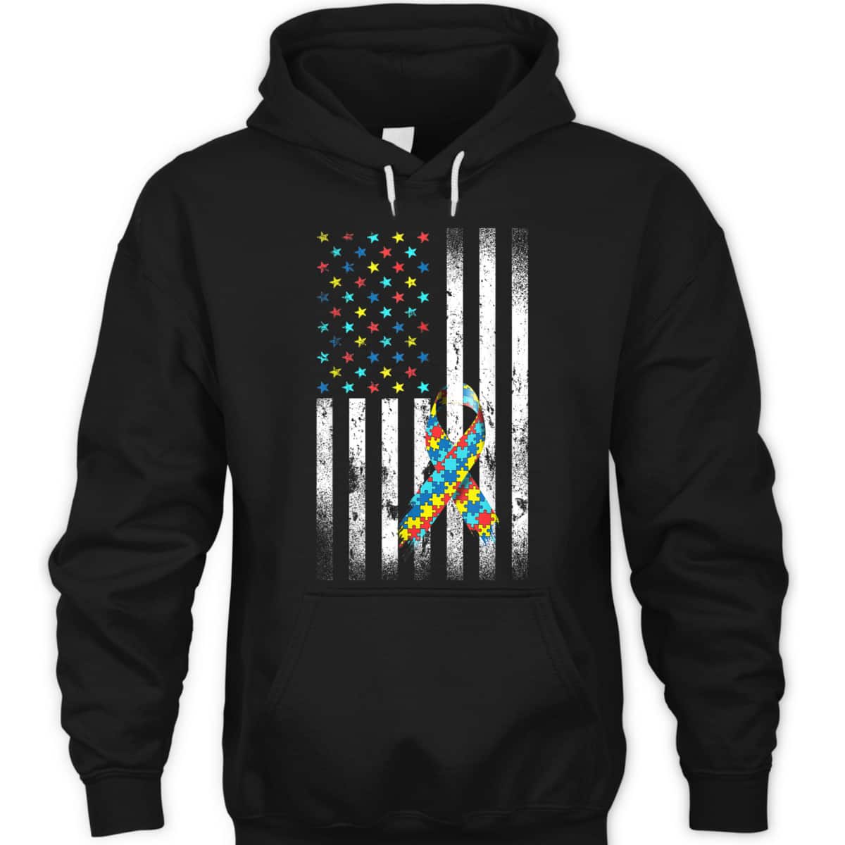 Autism Awareness Distressed American Flag Puzzle Ribbon T-Shirt