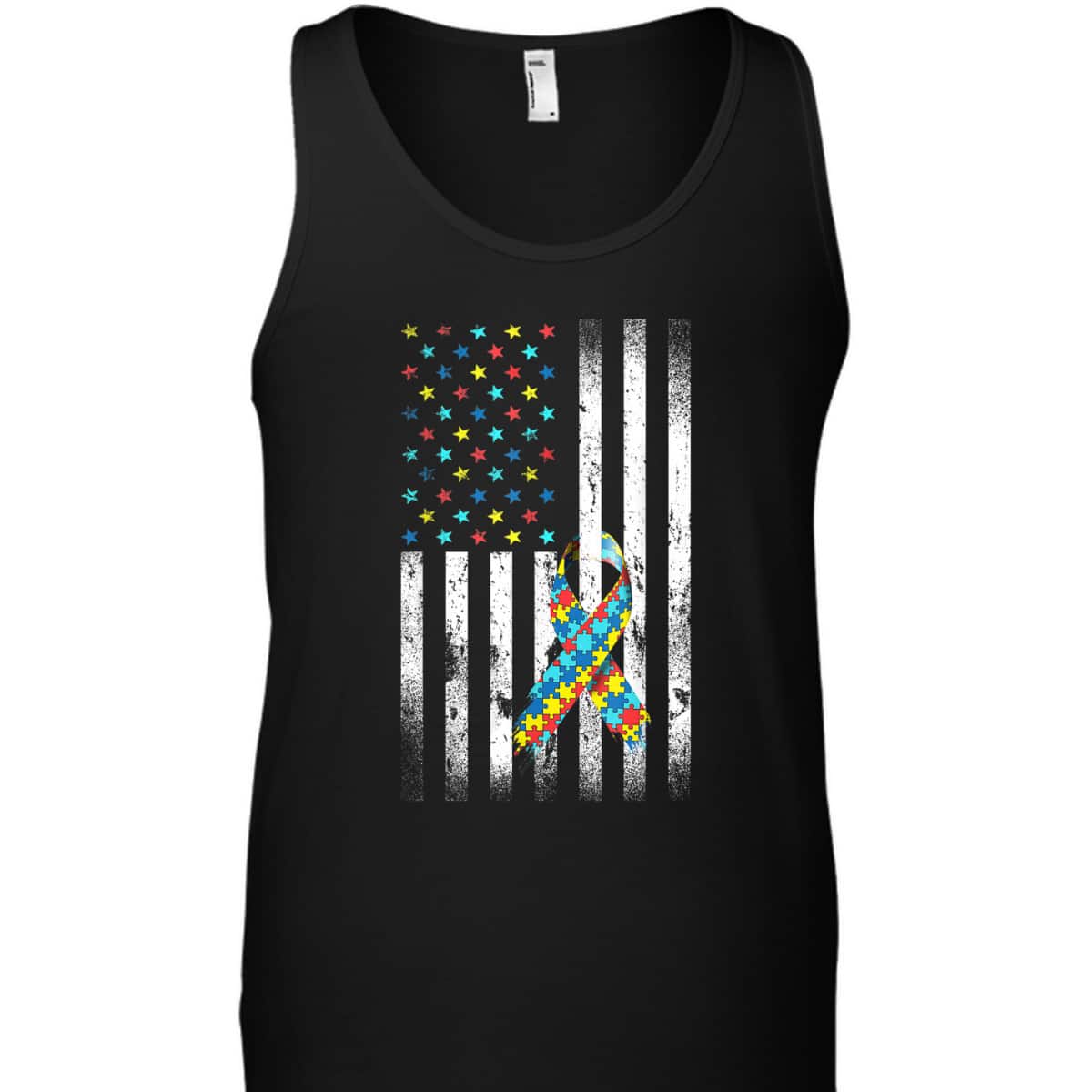 Autism Awareness Distressed American Flag Puzzle Ribbon T-Shirt