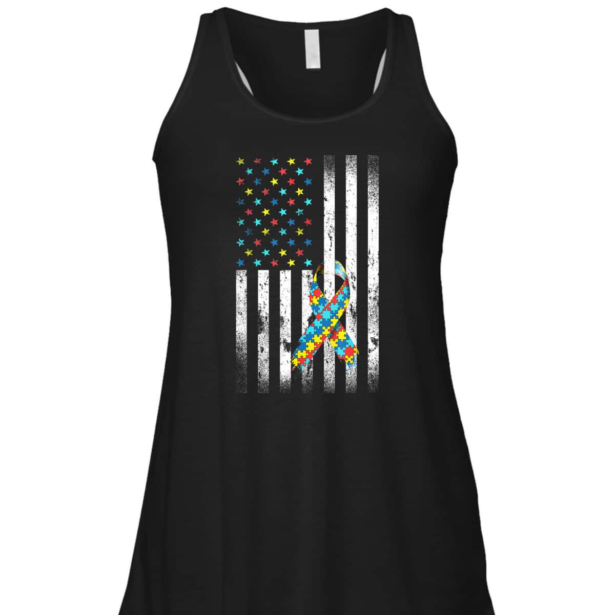 Autism Awareness Distressed American Flag Puzzle Ribbon T-Shirt