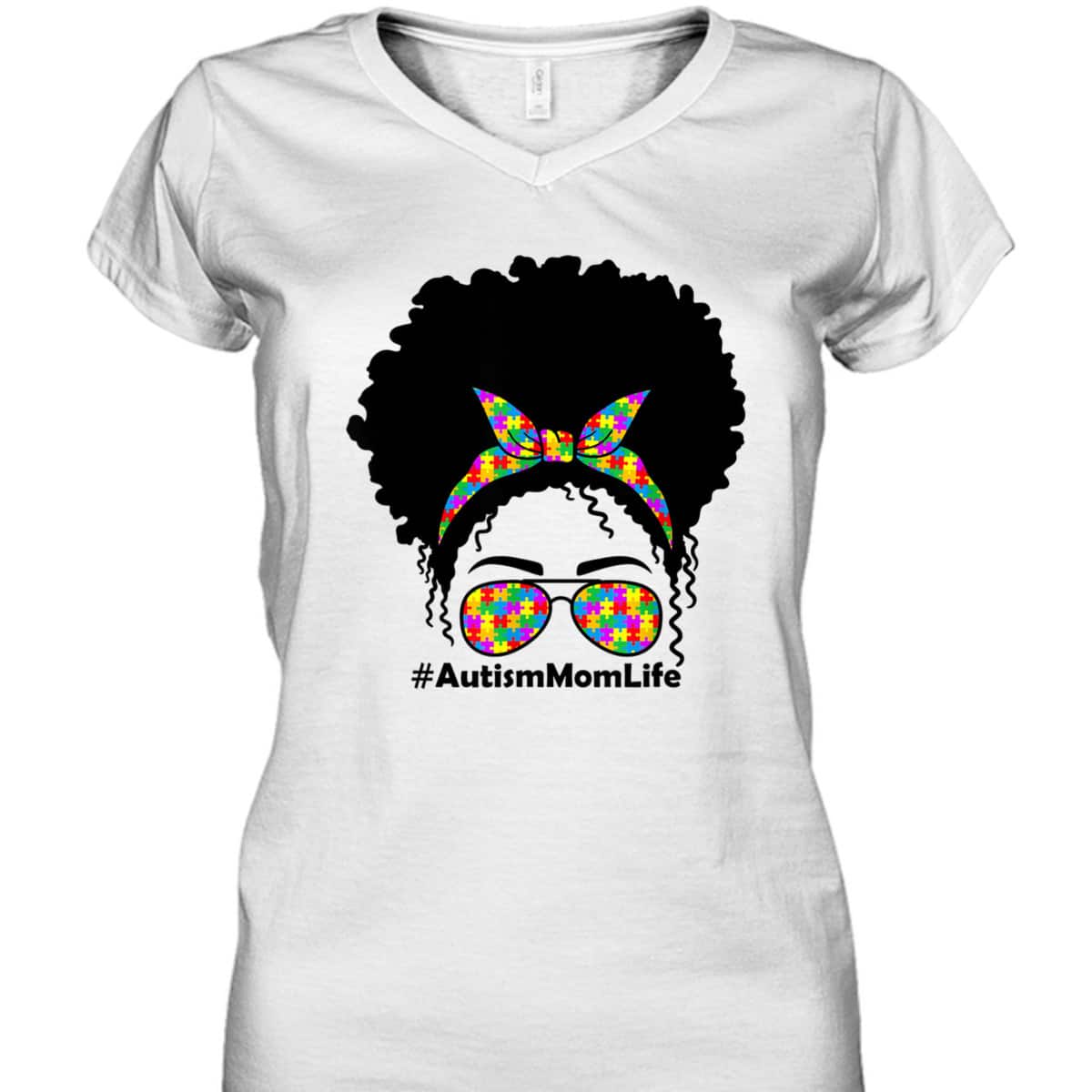 Messy Bun African American Hair Sunglasses Womens Autism Mom T-Shirt