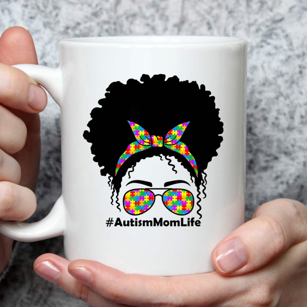 Messy Bun African American Hair Sunglasses Womens Autism Mom T-Shirt