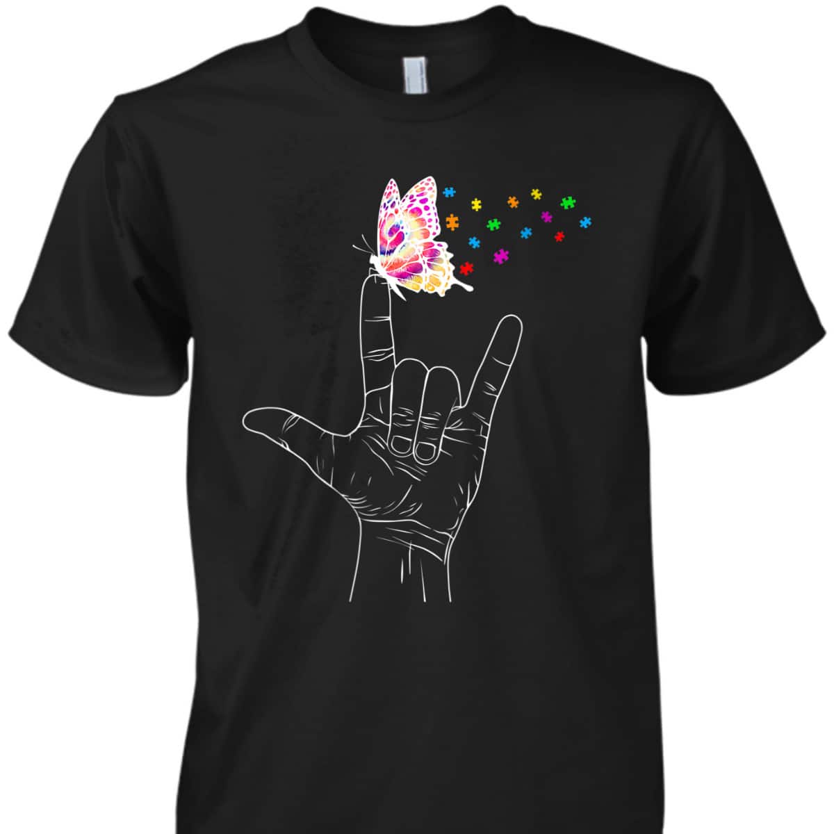 Womens ASL I Love You Hand Sign Language Butterfly Autism Awareness T-Shirt