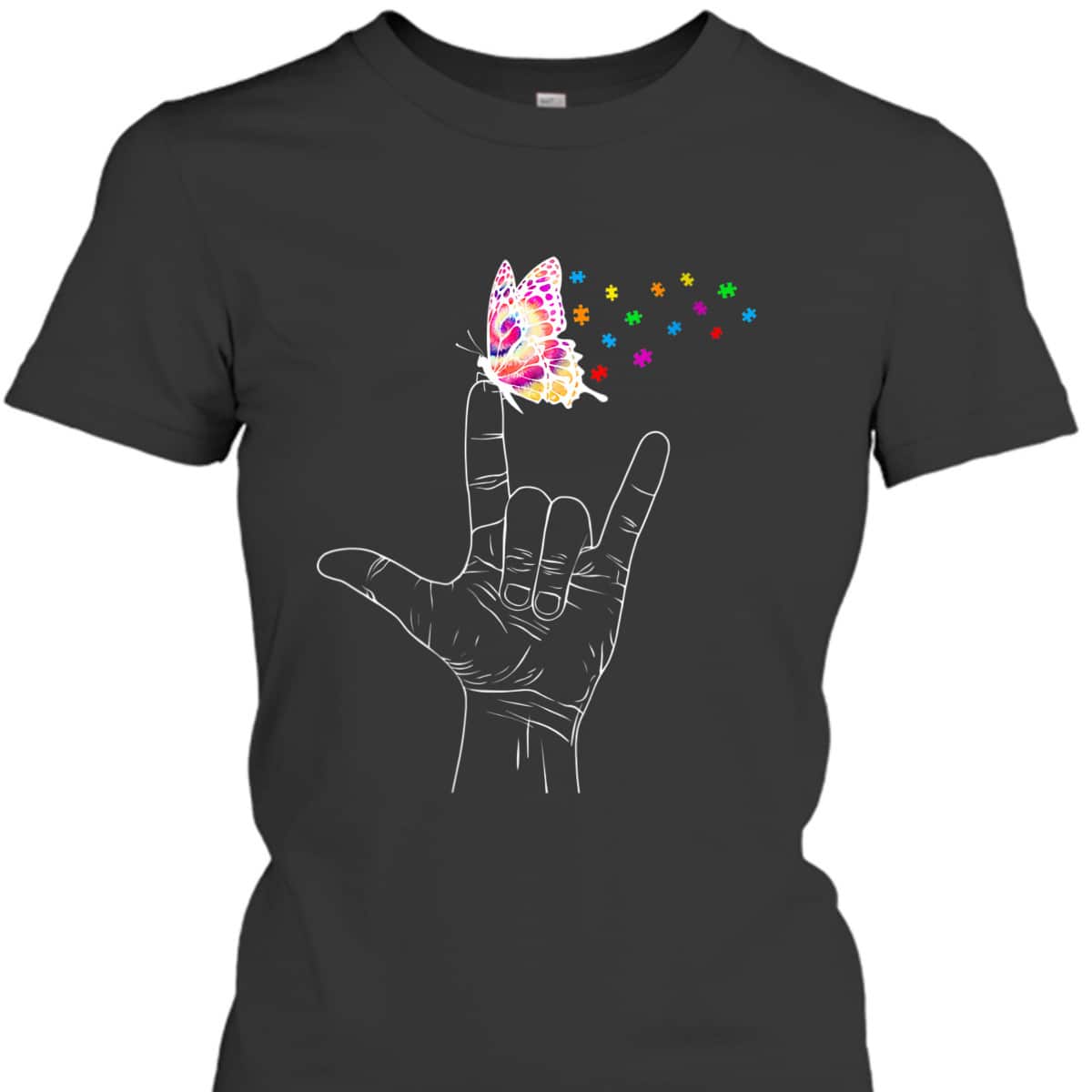Womens ASL I Love You Hand Sign Language Butterfly Autism Awareness T-Shirt