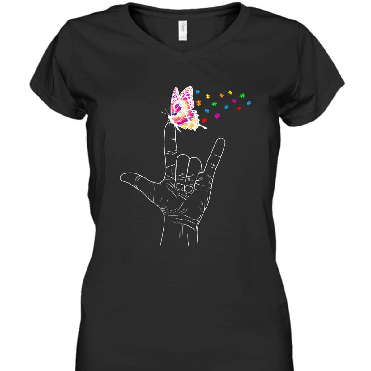 Womens ASL I Love You Hand Sign Language Butterfly Autism Awareness T-Shirt
