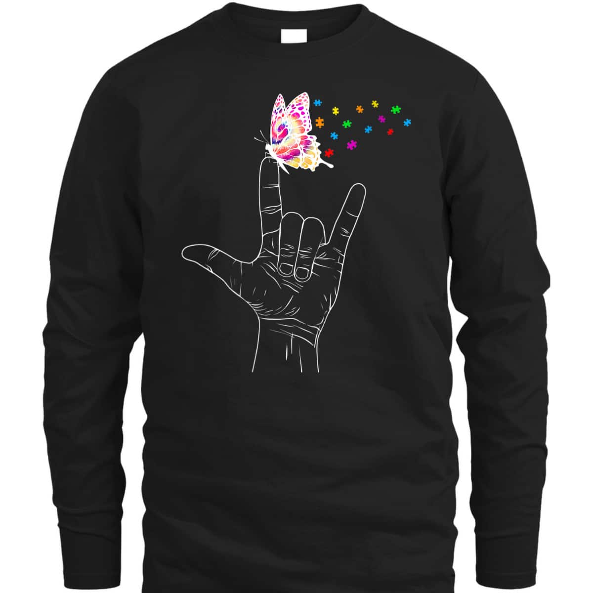 Womens ASL I Love You Hand Sign Language Butterfly Autism Awareness T-Shirt