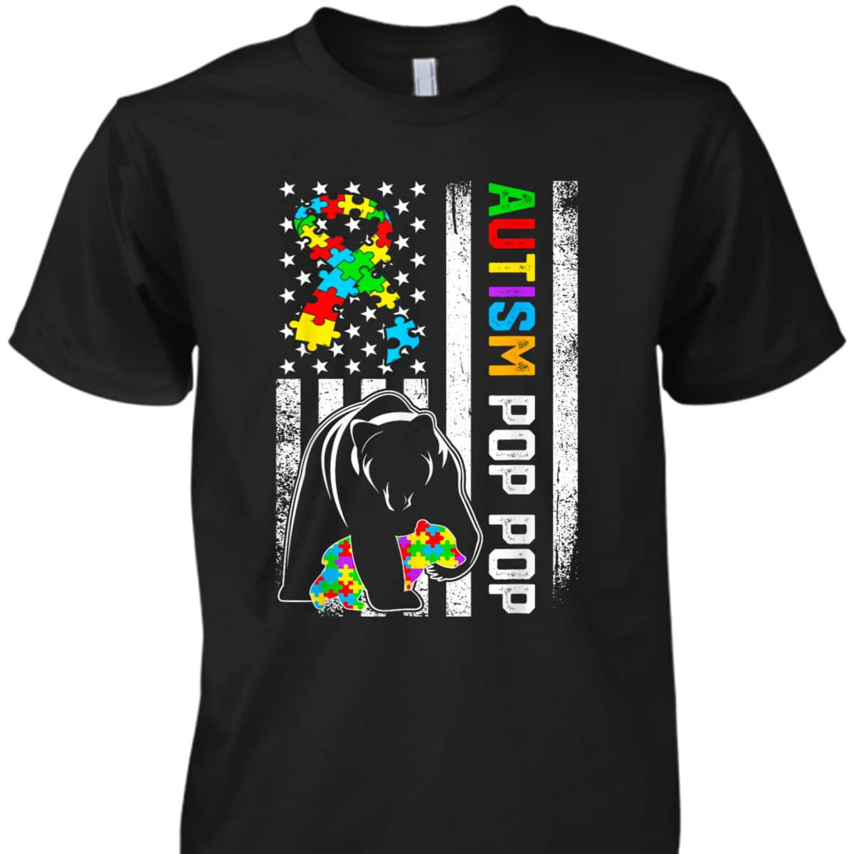 Retro Distressed American Flag Autism Pop Pop Bear Family T-Shirt