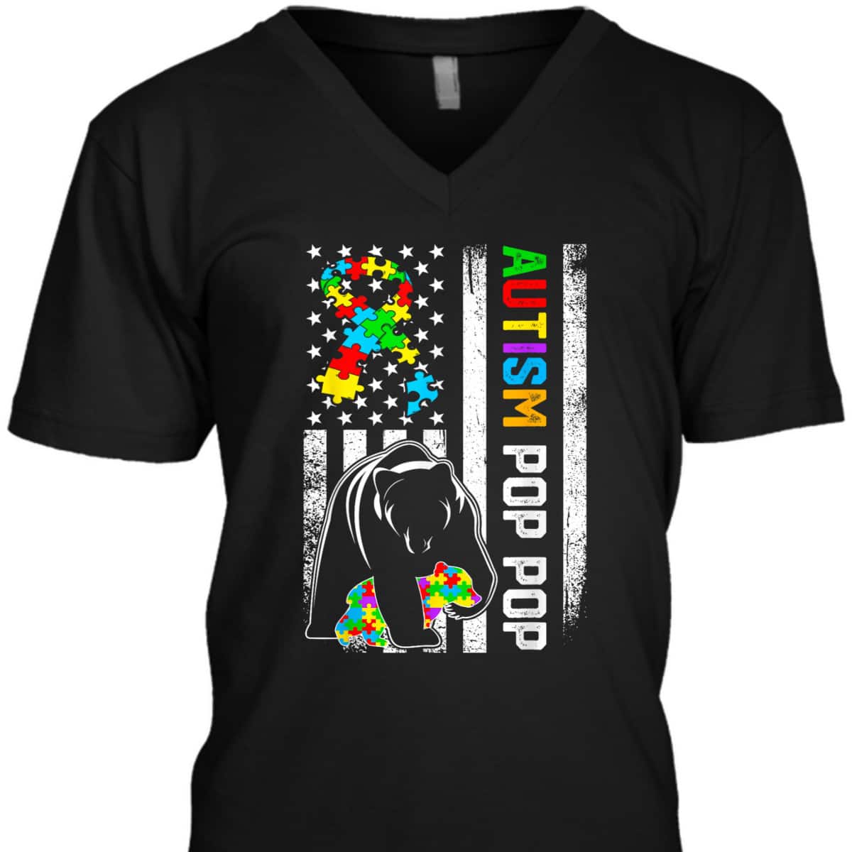 Retro Distressed American Flag Autism Pop Pop Bear Family T-Shirt Retro Distressed American Flag Autism Pop Pop Bear Family T-Shirt