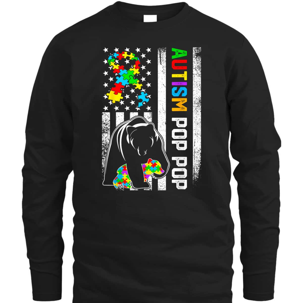 Retro Distressed American Flag Autism Pop Pop Bear Family T-Shirt