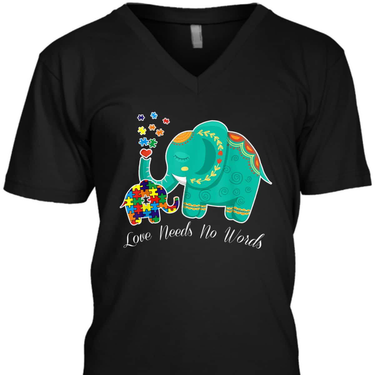 Puzzle Elephant Love Needs No Words - Autism Mom Dad Teacher T-Shirt