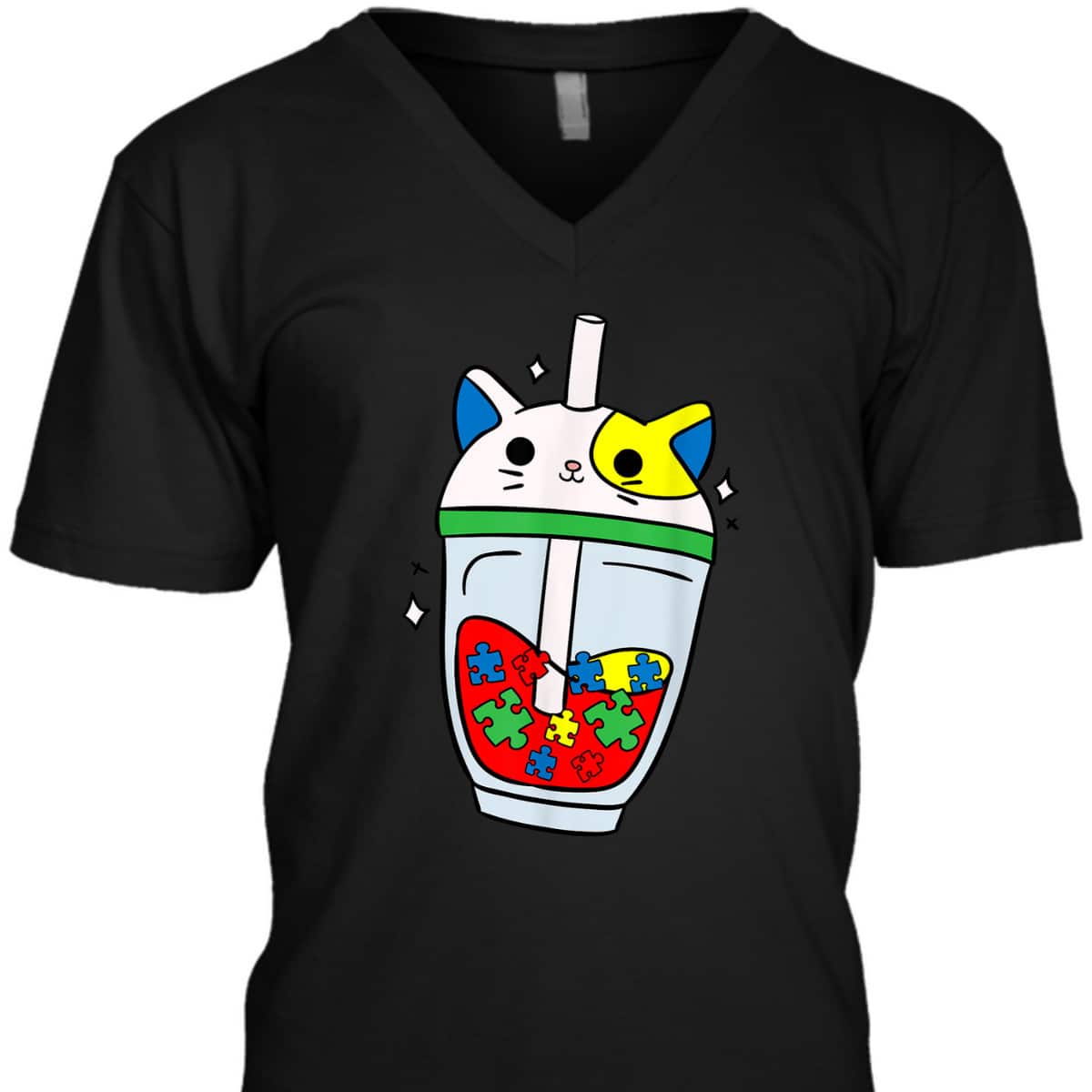 Cat Bubble Tea Autism Awareness Cute Puzzle Piece T-Shirt