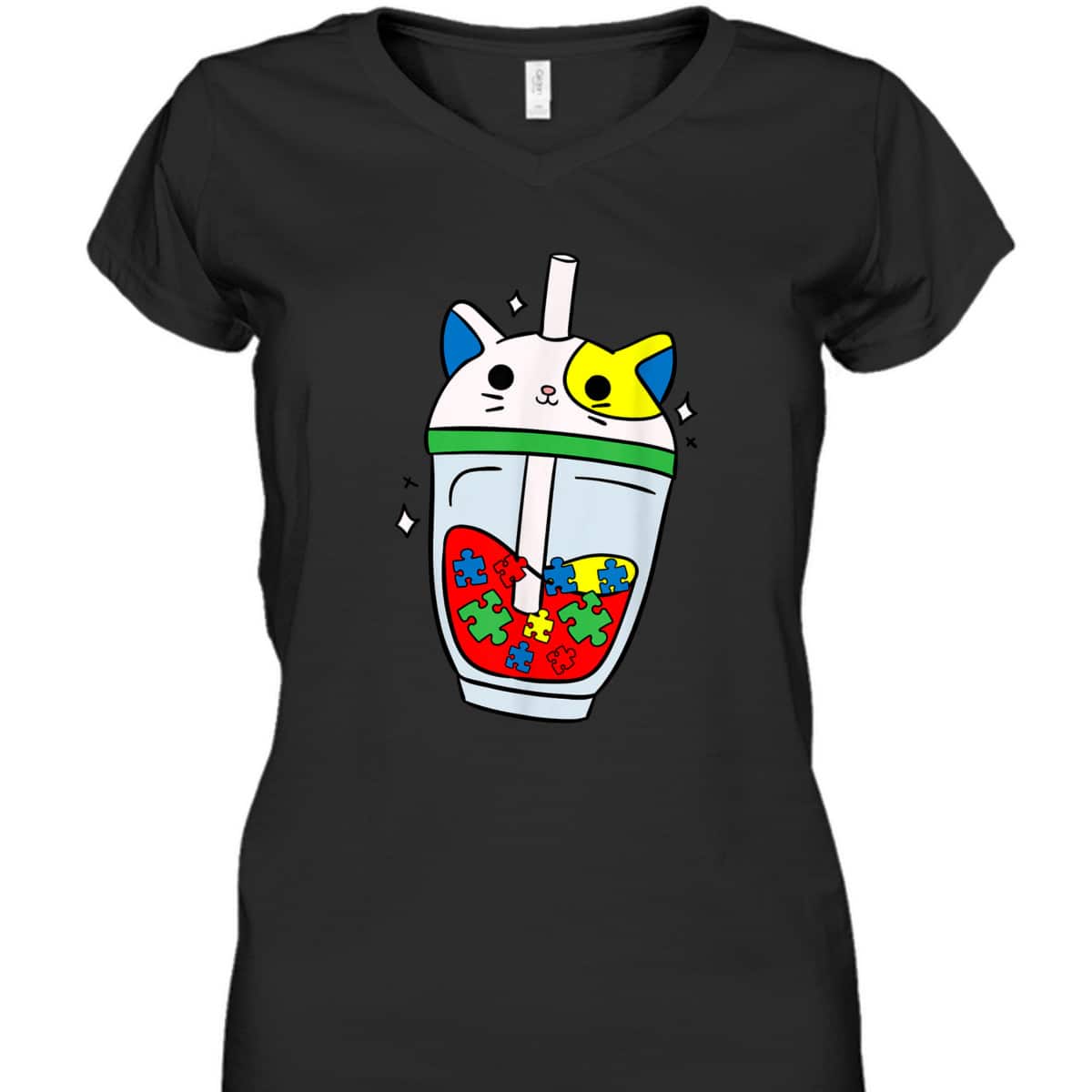 Cat Bubble Tea Autism Awareness Cute Puzzle Piece T-Shirt