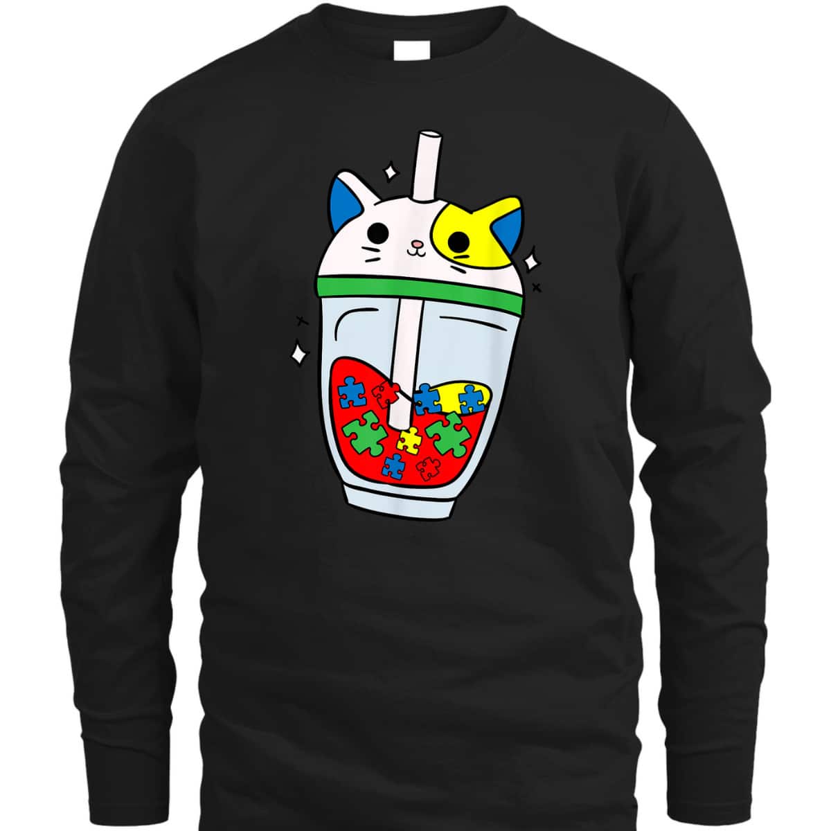 Cat Bubble Tea Autism Awareness Cute Puzzle Piece T-Shirt